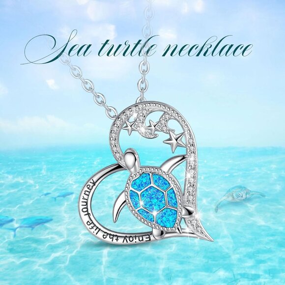 925 Sterling Silver Turtle Necklace with Heart Blue Opal Ocean Jewelry for Women - Picture 7 of 8